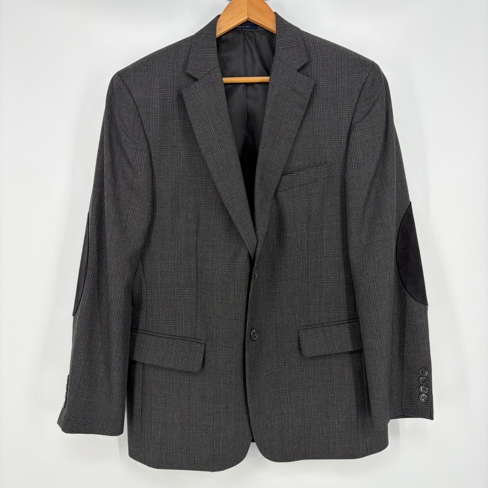 Club Room Mens Sport Coat Grey Glen Plaid Blazer Jacket 40R Elbow Patches